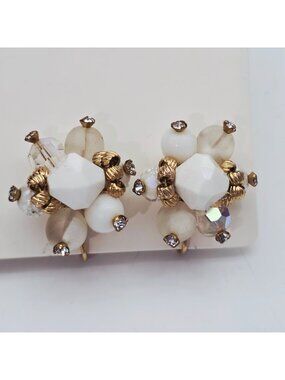 Vintage Vendome White & Gold Cluster Clip-On Earrings Rhinestones & Glass Beads
